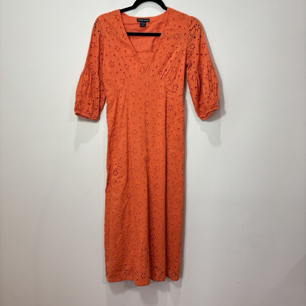 Eyelet Lace Midi Dress Orange Women S Babydoll 100% Cotton Cottage Boho Prairie